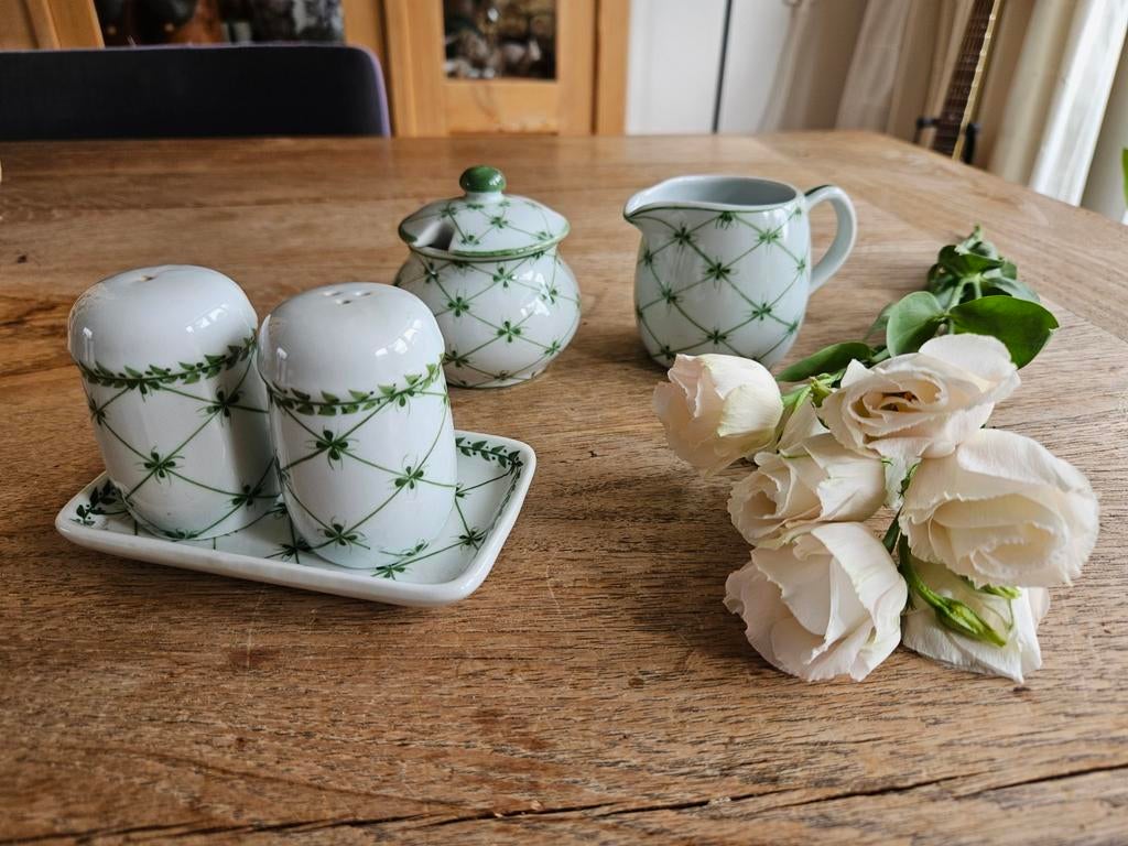 Elegant Porseleinen Servies met Groen Ruitpatroon, klavertje, Overige typen, Ophalen of Verzenden, Zo goed als nieuw, Overige stijlen