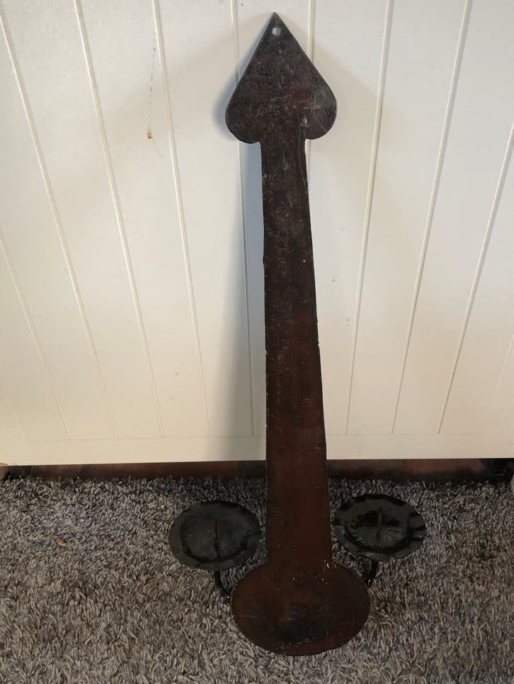 Robuust Stalen Muurkandelaar v 2 dikke kaarsen.H60xB28xD15cm, Ophalen, Zwart, Zo goed als nieuw, Metaal