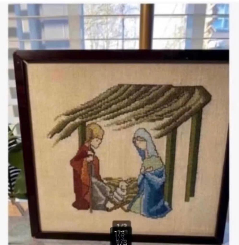 Lijst Brocante geborduurd Jozef Maria Jezus 25 x 23 cm, Ophalen of Verzenden, Kaart of Prent