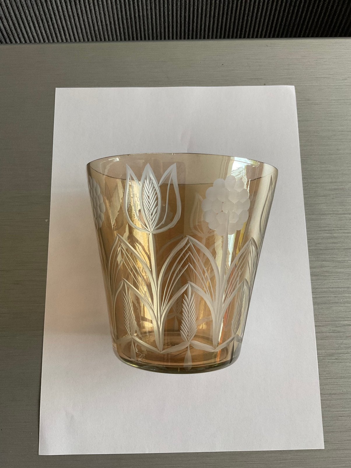 Pols Potten kristal vaas gegraveerd bloemen ; hoogte 12,5 cm, Huis en Inrichting, Woonaccessoires | Vazen, 12 cm, Gebruikt, Geel