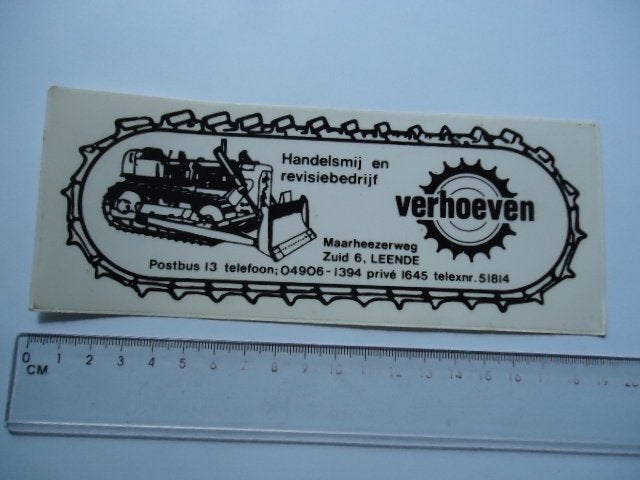 sticker oud LEENDE Verhoeven rupsband machine telex rero, Verzenden, Zo goed als nieuw, Bedrijf of Vereniging