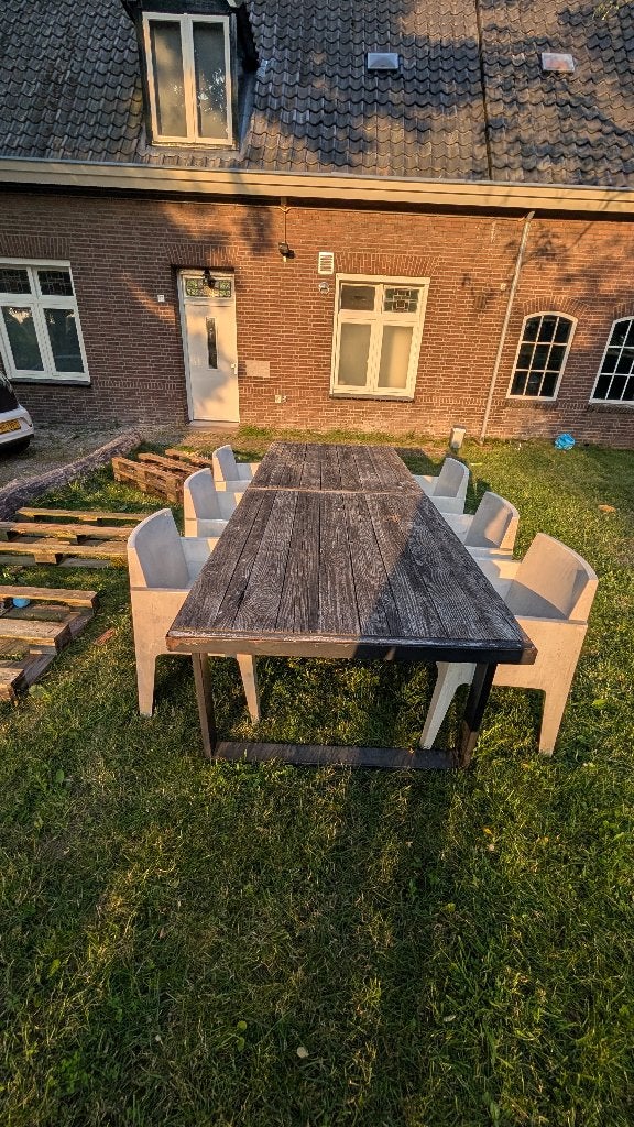 Gratis op te halen tuintafel met 6 stoelen, Tuin en Terras, Tuinsets en Loungesets, Ophalen, Gebruikt, Hardhout, 6 zitplaatsen