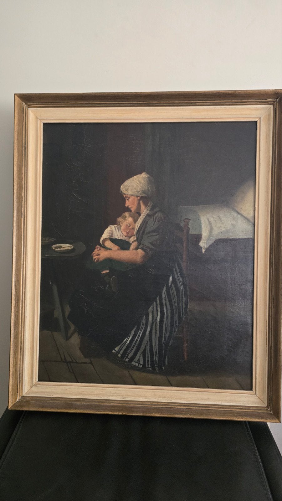Klassiek schilderij: In slaap gesust., Antiek en Kunst, Ophalen