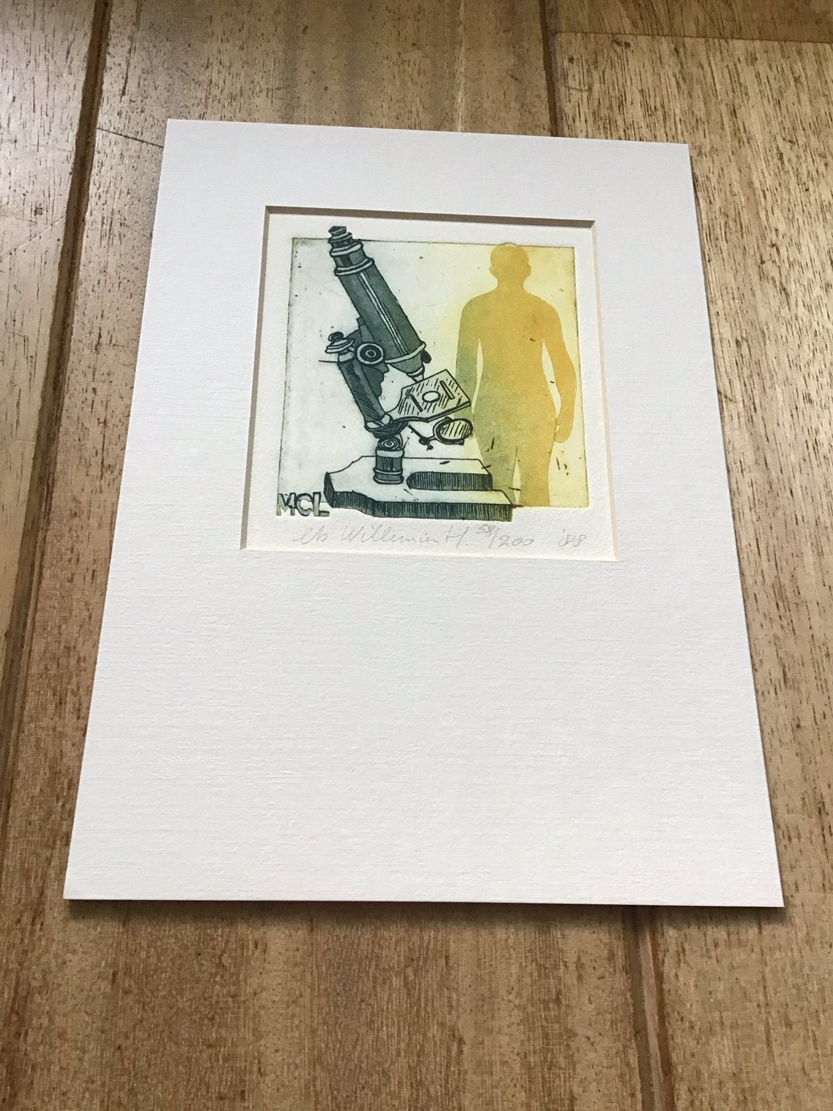 ets van microscoop door Willemien Holterman, 1988, Ophalen of Verzenden, Ets, 1950 - 1999