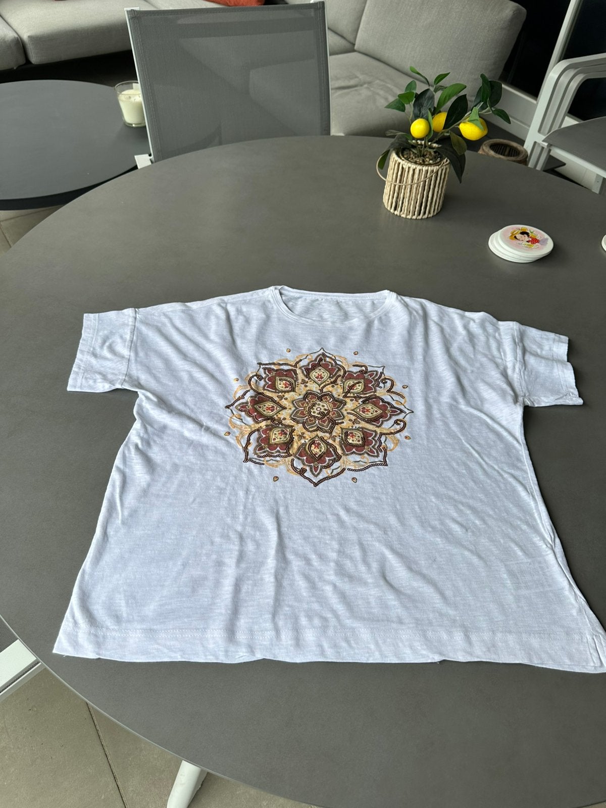 Wit terra/geel/gouden mandela Takko shirt, maat XL, Verzenden, Wit, Maat 46/48 (XL) of groter, Zo goed als nieuw