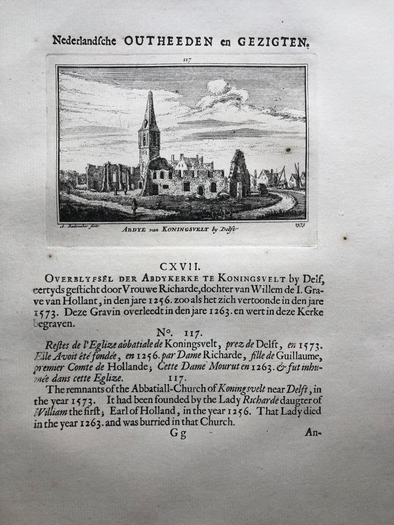 117 / Delft Abdij van Koningsveld Kopergravure 1732, Antiek en Kunst, Kunst | Etsen en Gravures, Ophalen of Verzenden