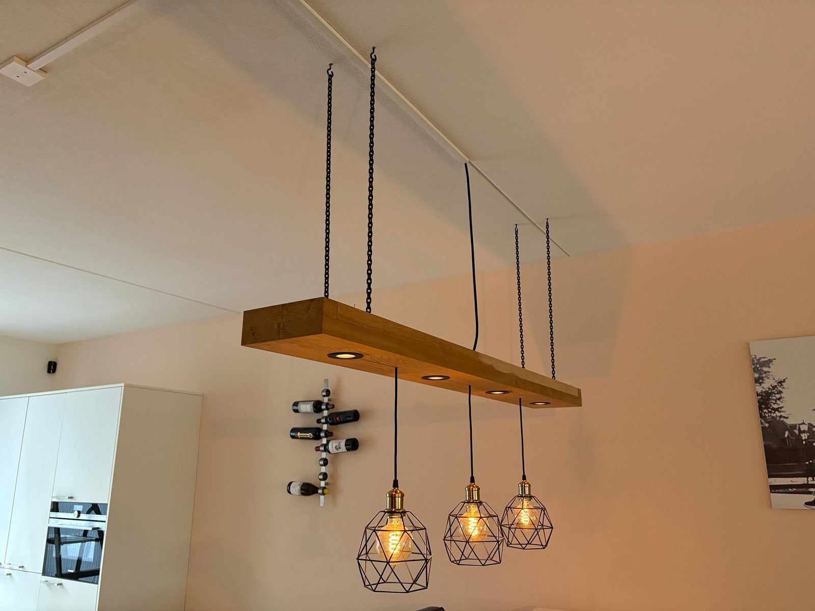 Unieke handgemaakte eikenhouten hanglamp met dimbare spots, Huis en Inrichting, Ophalen of Verzenden, Zo goed als nieuw, Hout