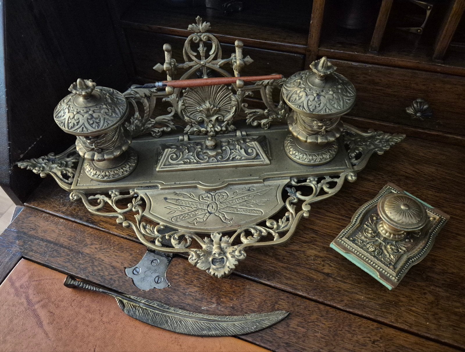Prachtig antiek bronzen inktstel inktpot inkt compleet, Antiek en Kunst, Ophalen