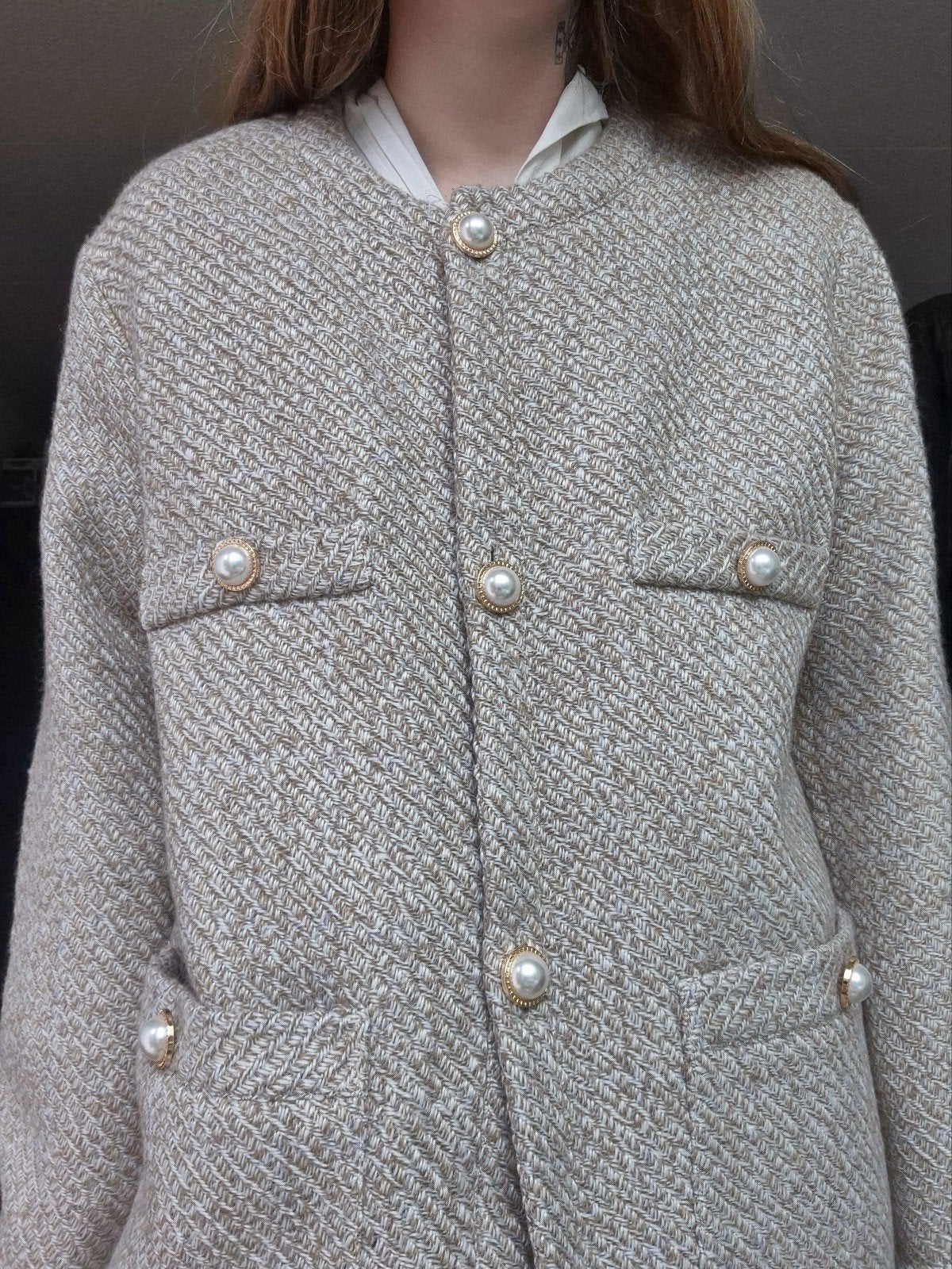 H&M beige tweed wollen jasje, H&M, Beige, Maat 46/48 (XL) of groter, Nieuw
