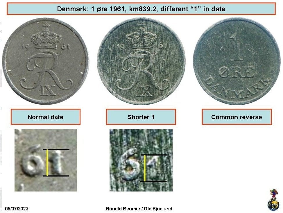 Denemarken 1 Ore 1961 - Afwijkende 2e 1  - Muntje op Numista, Ophalen of Verzenden, Overige landen