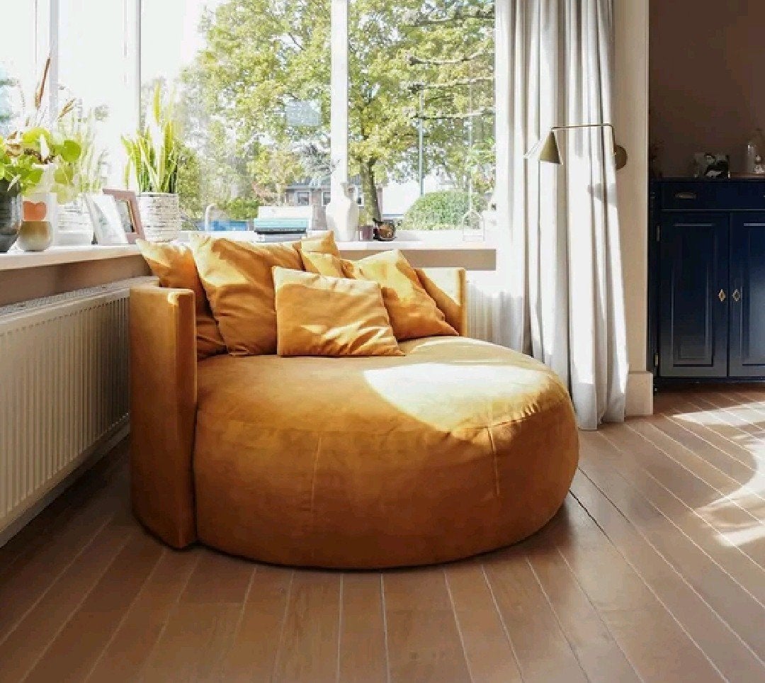 Ronde fauteuil - Okergeel, Huis en Inrichting, Ophalen, Modern, Comfortabel, 100 tot 125 cm, Zo goed als nieuw