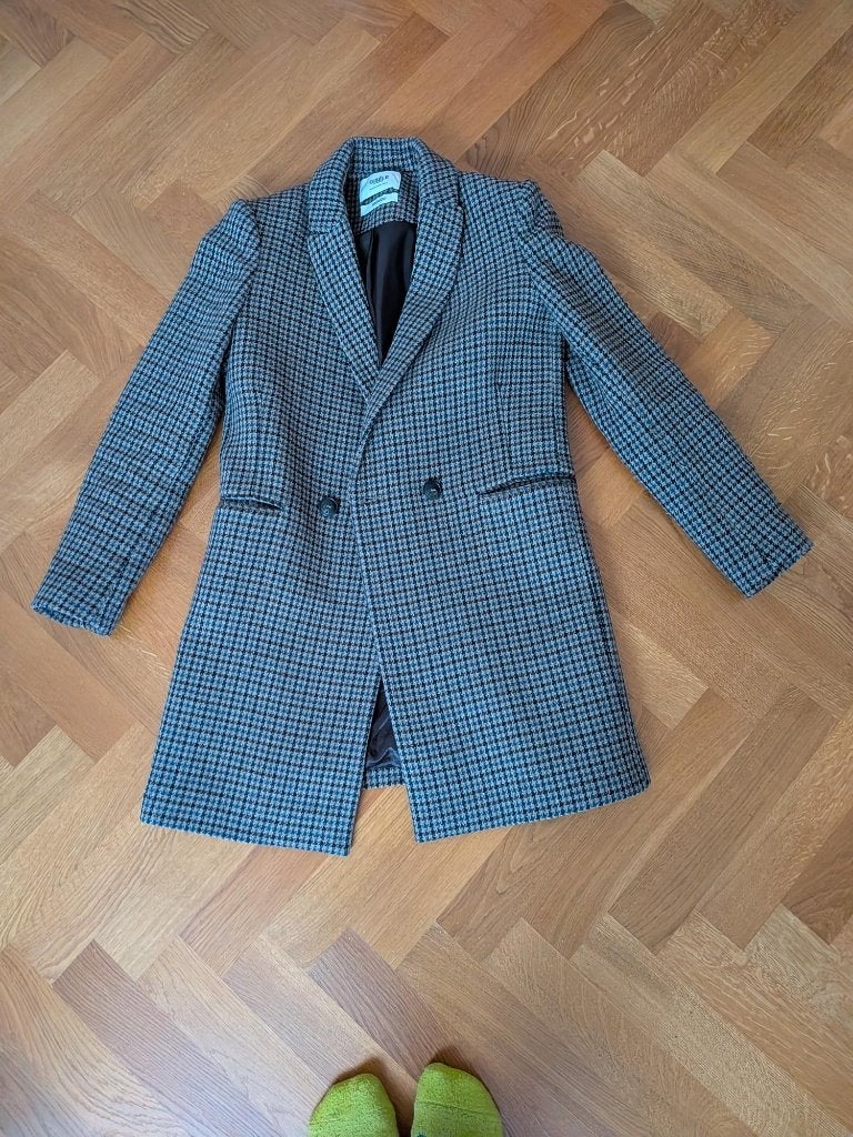 Bruine Wollen Houndstooth Carcoat / Jas van Promod FR36, Kleding | Dames, Jassen | Winter, Bruin, Zo goed als nieuw, Maat 34 (XS) of kleiner