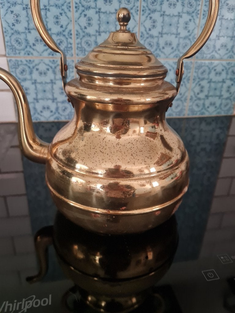 Vintage geel koperen waterketel, Heikant 21 Kaatsheuvel, Belle Vieille Brocante, Ophalen of Verzenden, Jolandamonsieurs@gmail.com