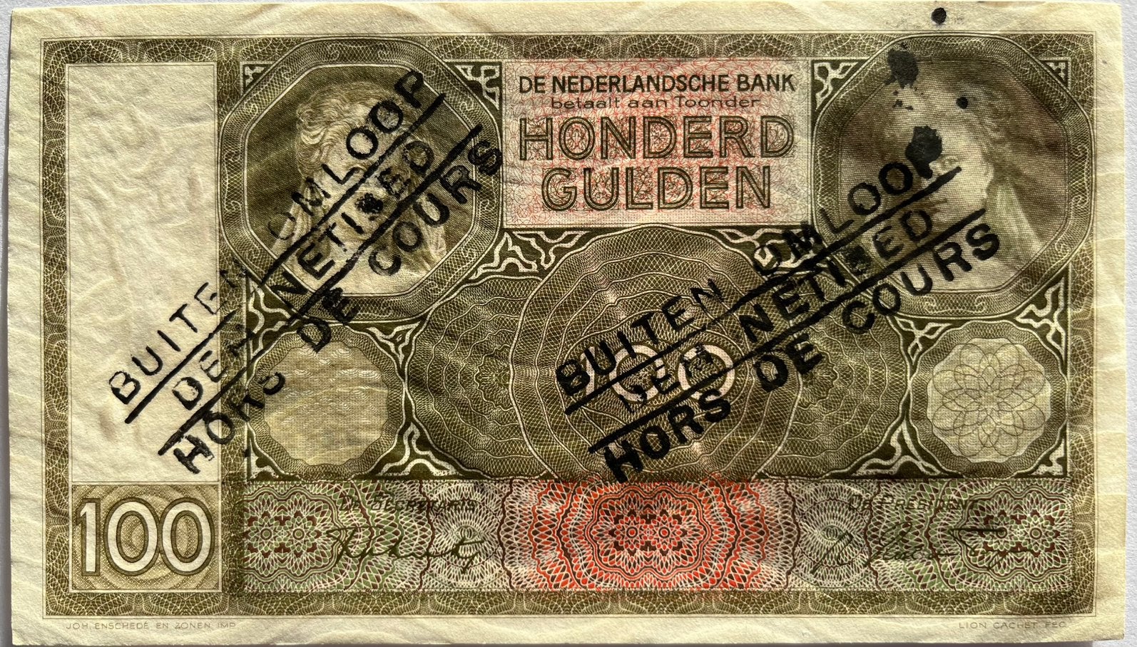 100 gulden 1944 UNC met buiten omloop stempel, Ophalen of Verzenden, 100 gulden, Los biljet