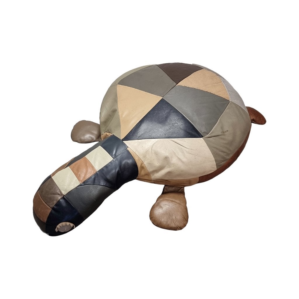 Grote vintage lederen patchwork schildpad poef, Ophalen, Gebruikt, 125 cm of meer, Leer