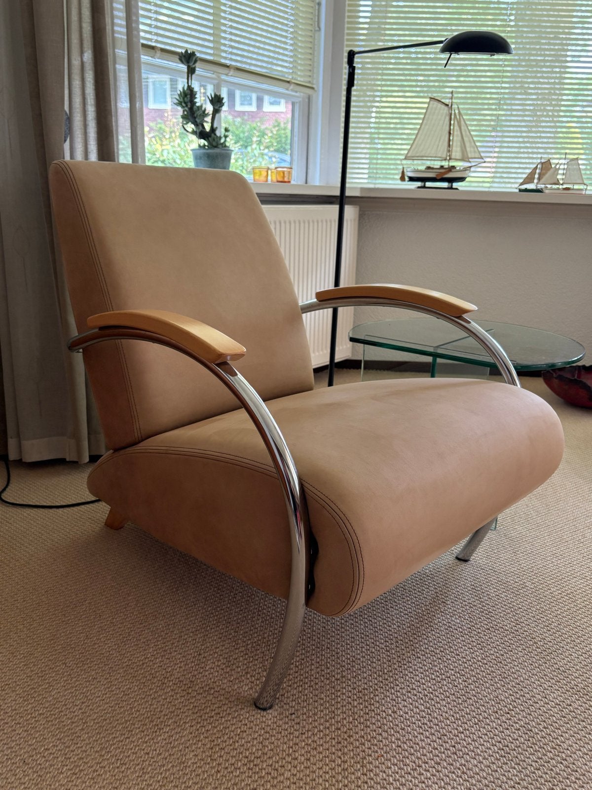 Lotus fauteuil 5470 | Jan des Bouvrie | beige softleer, Huis en Inrichting, Fauteuils, Ophalen, Zo goed als nieuw, 50 tot 75 cm