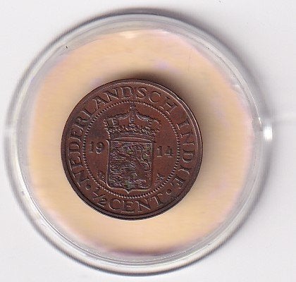 Nederlands Indie 1/2 Cent 1914 met tikje in de rand, Verzenden, Koningin Wilhelmina, Overige waardes, Losse munt