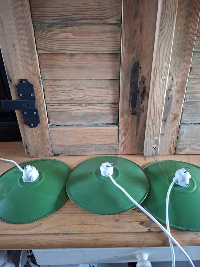 Franse emaille hanglampen , vintage groen emaille lampen, Ophalen of Verzenden