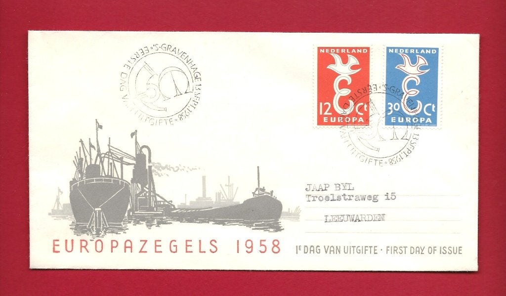 1958 Europazegels FDC E35 met gesloten klep e2, Verzenden, Beschreven, Nederland