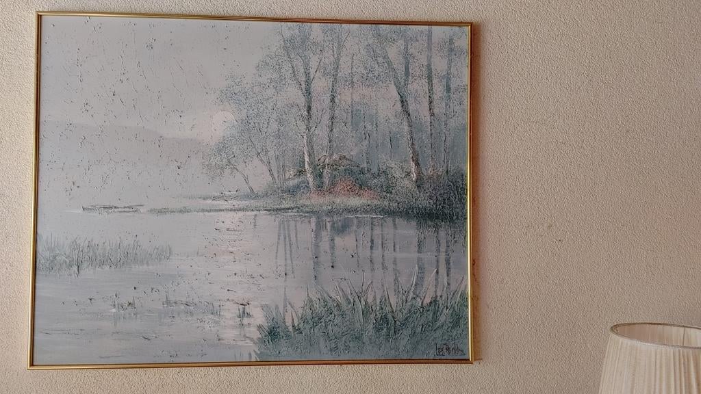 Schilderij met landschap: rustgevend meer en bomen, Antiek en Kunst, Kunst | Schilderijen | Klassiek, Ophalen