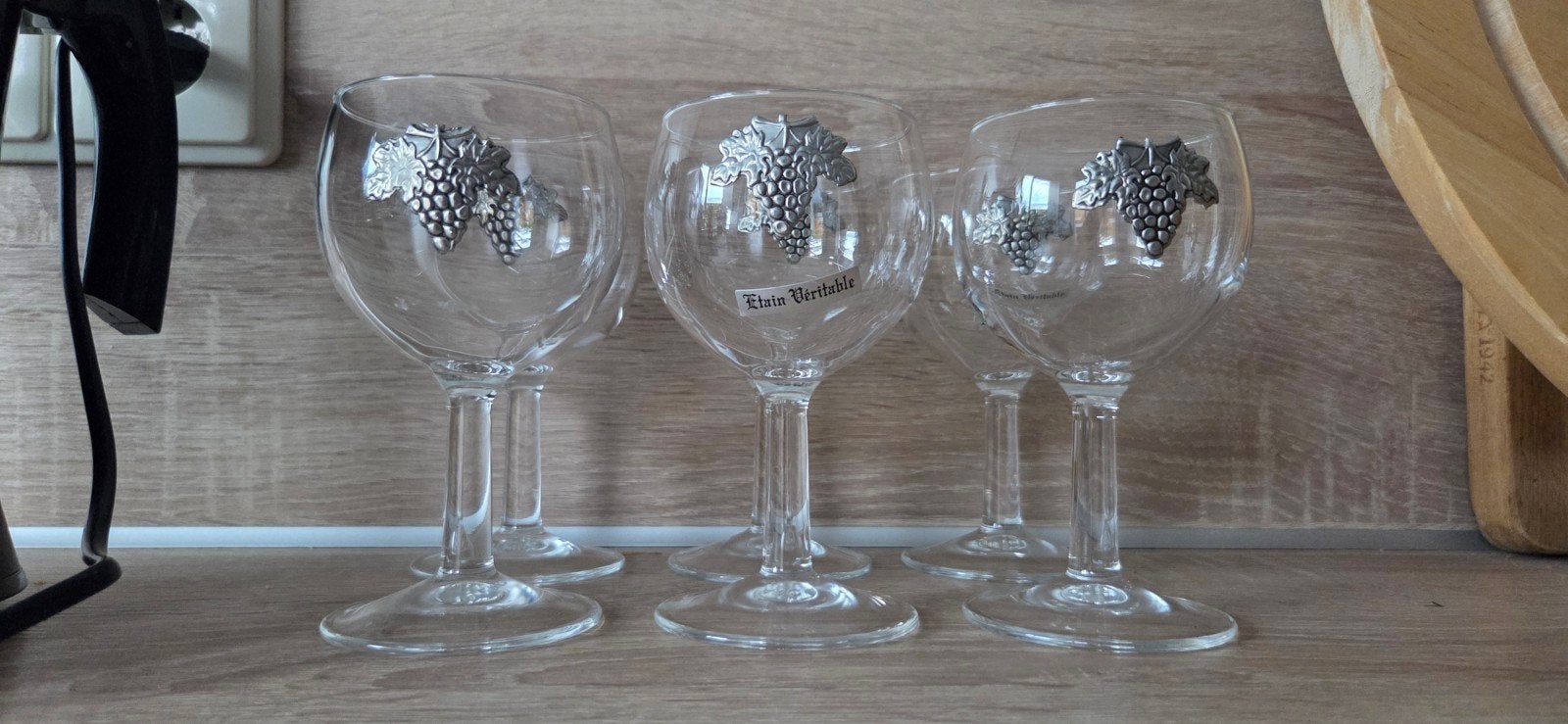Vintage Franse Wijnglazen met Tinnen Druiventros – Set van 6, Ophalen of Verzenden