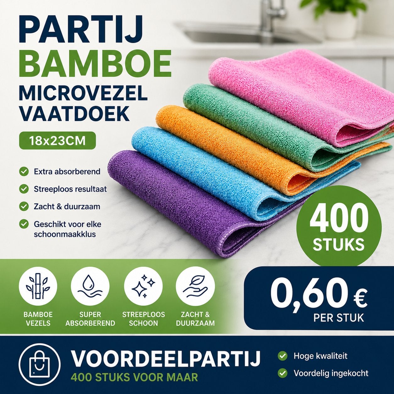 Partij Bamboe Microvezel Vaatdoeken 18x23cm - 400 Stuks, Ophalen of Verzenden, Mop of Dweil