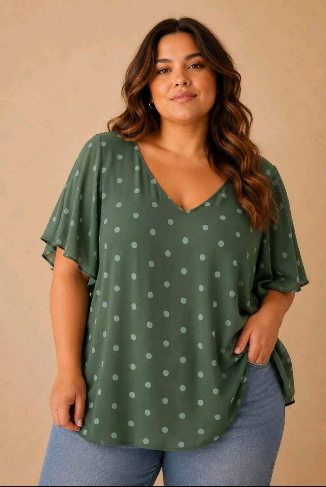 Groen luchtig A-lijn tuniek met polkadot print Maat 46/48, G, G, G, Maat 46/48 (XL) of groter