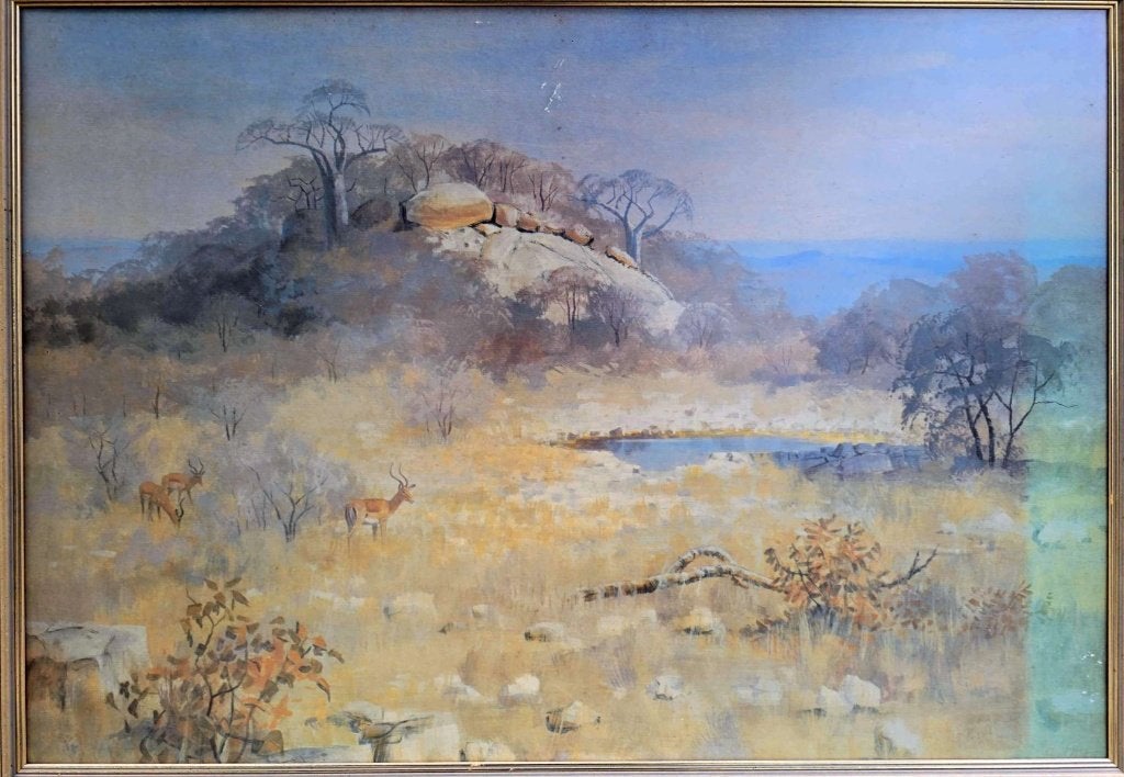 Twee schilderijen Afrikaans bushveld landschap met wild, Ophalen, Ingelijst, Dieren