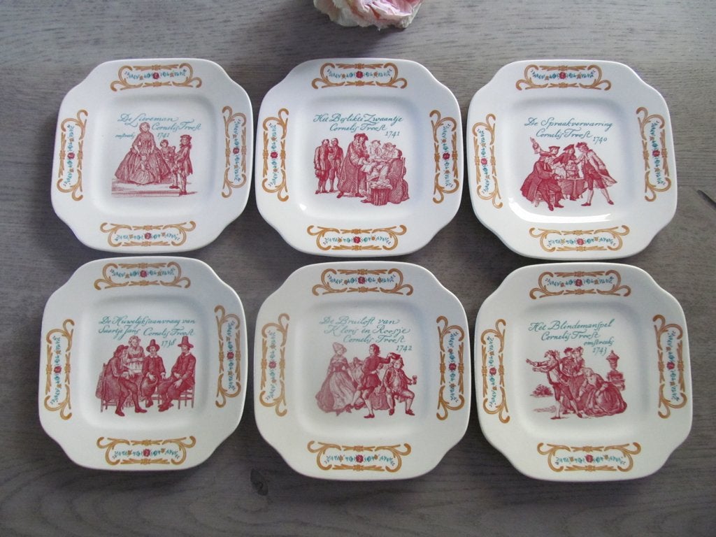 6 Boch La Louvière Sier Bordjes Cornelis Troost Belgium, Overige merken, Ophalen of Verzenden, Zo goed als nieuw, Bord(en)