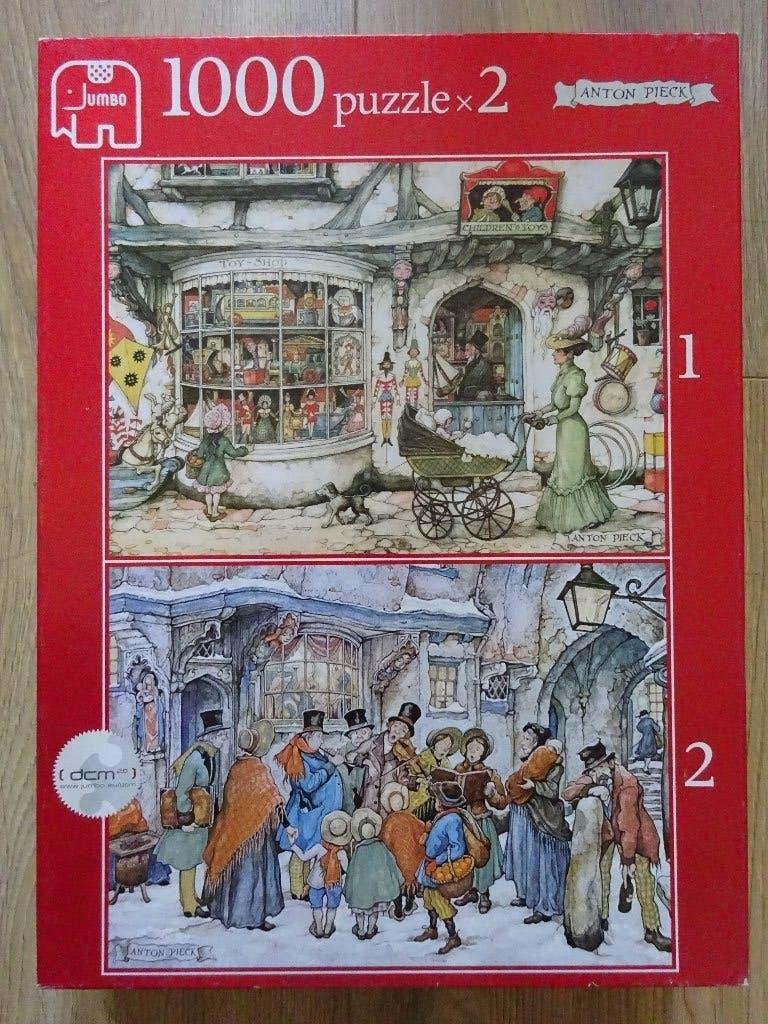 2x puzzel Anton Pieck de speelgoedwinkel en het kerstkoor, Ophalen of Verzenden, 500 t/m 1500 stukjes, Zo goed als nieuw