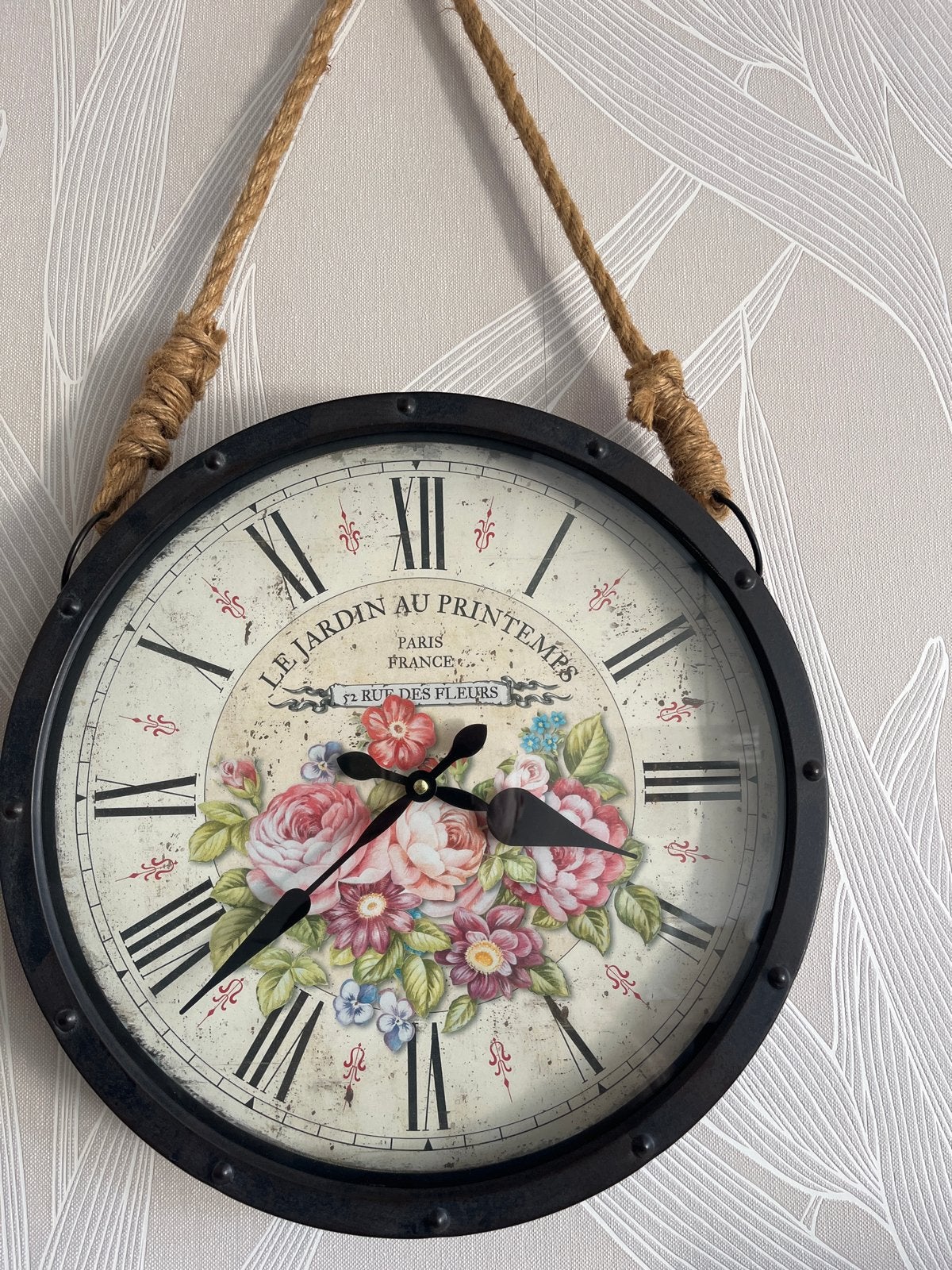 Vintage Wandklok 'Le Jardin au Printemps' met touw, Vintage, Analoog, Ophalen of Verzenden, Overige merken