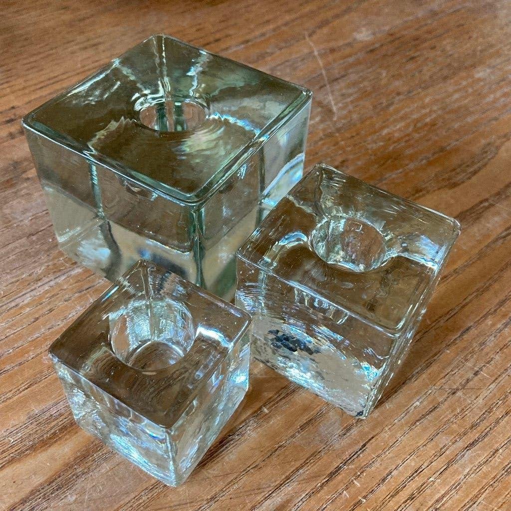 3 Stuks vintage icecube kandelaars glazen kubus (7/5/4 cm), Ophalen of Verzenden, Zo goed als nieuw, Glas, Kandelaar