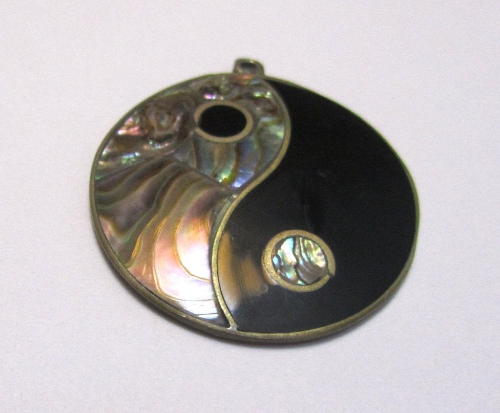 Mooie Vintage Alpaca Mexico Abalone ketting hanger Yin Yang, Overige kleuren, Verzenden, Zo goed als nieuw, Met edelsteen