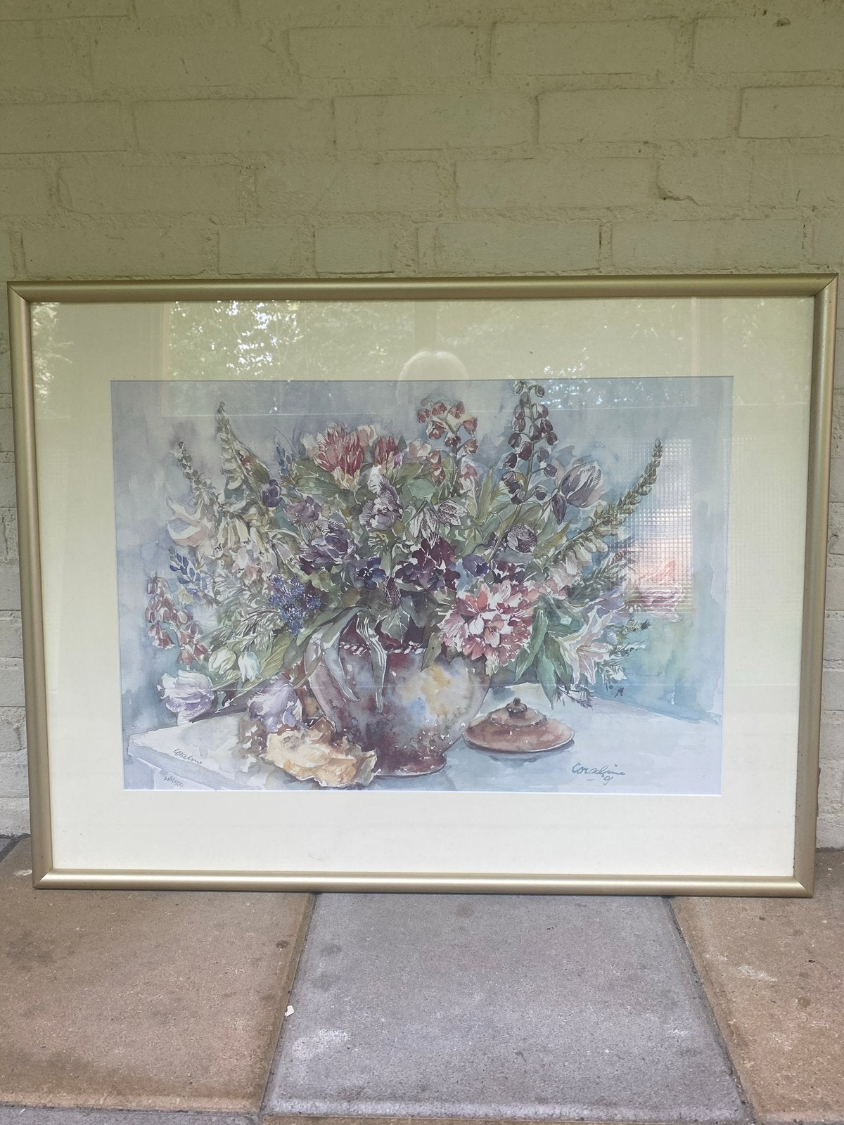 Schilderij met bloemen in vaas, 70-90 cm, Realistisch, Aquarel, Papier, Ingelijst