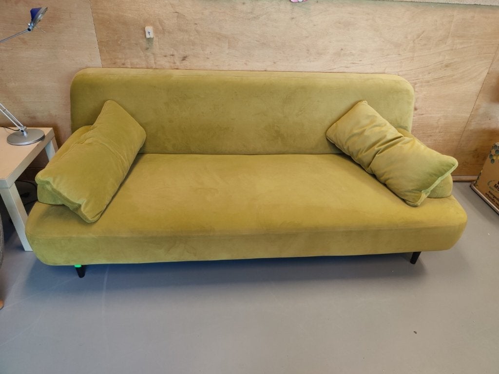 Retro bank 3-zits, mosterdgeel fluweel incl. kussens, Huis en Inrichting, Ophalen, Gebruikt, Driepersoons, 75 tot 100 cm