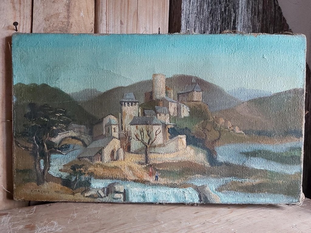 Decoratief oud frans stilleven / landschap / olie op doek, Ophalen of Verzenden