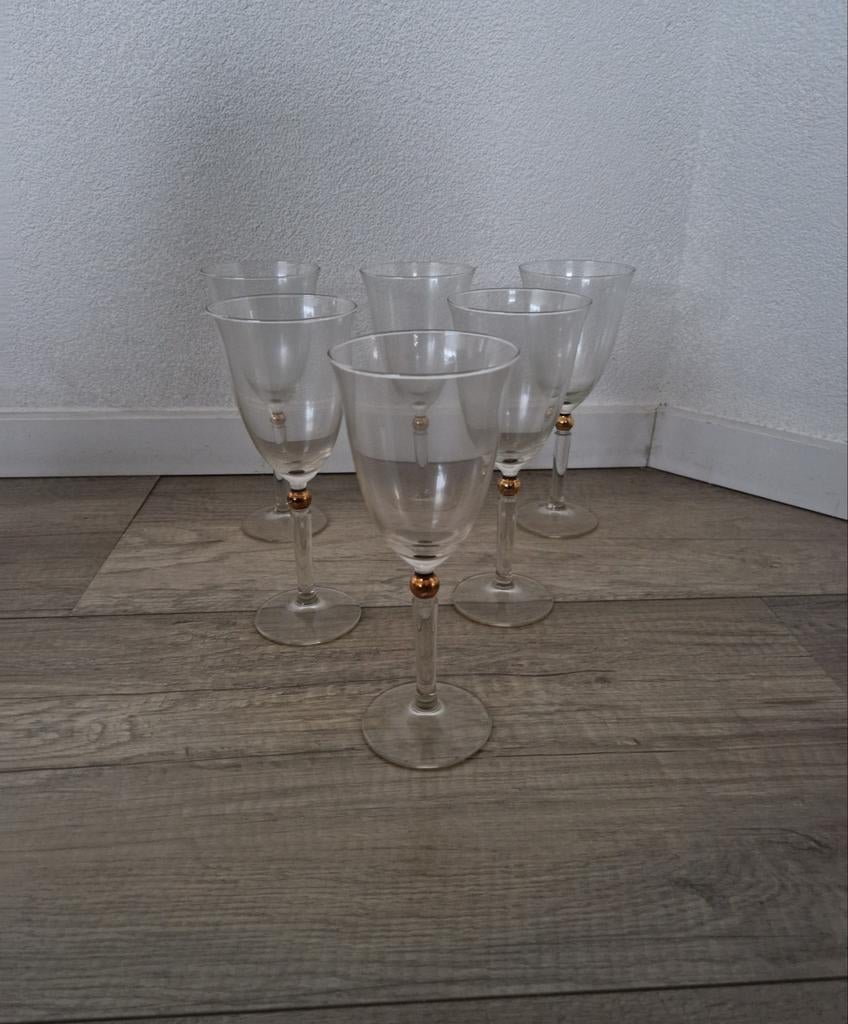 6 wijnglazen glazen goud vintage retro groot kristal bal, Glas of Glazen, Ophalen of Verzenden, Overige stijlen, Glas