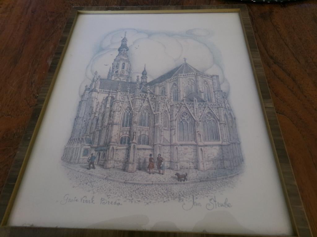 Jan Strube -Tekening Prent van Jan Strube -Grote kerk Breda, Gebruikt, Ophalen of Verzenden, 1940 tot 1960, Gebouw