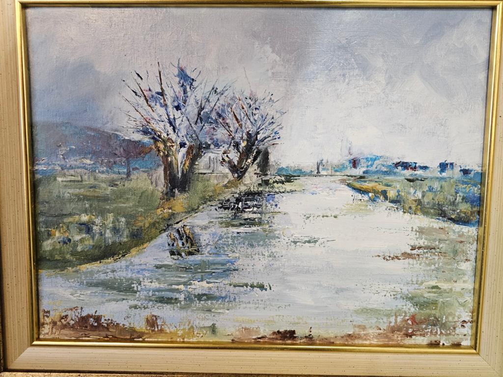 Gesigneerd Schilderij: Landschap met Bomen en Water, Antiek en Kunst, Ophalen of Verzenden