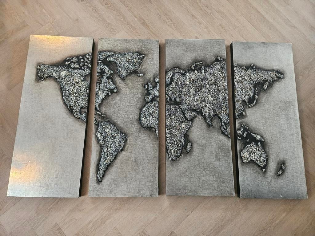 4-luik Relief Wereldkaart Wanddecoratie Zilver, Ophalen of Verzenden