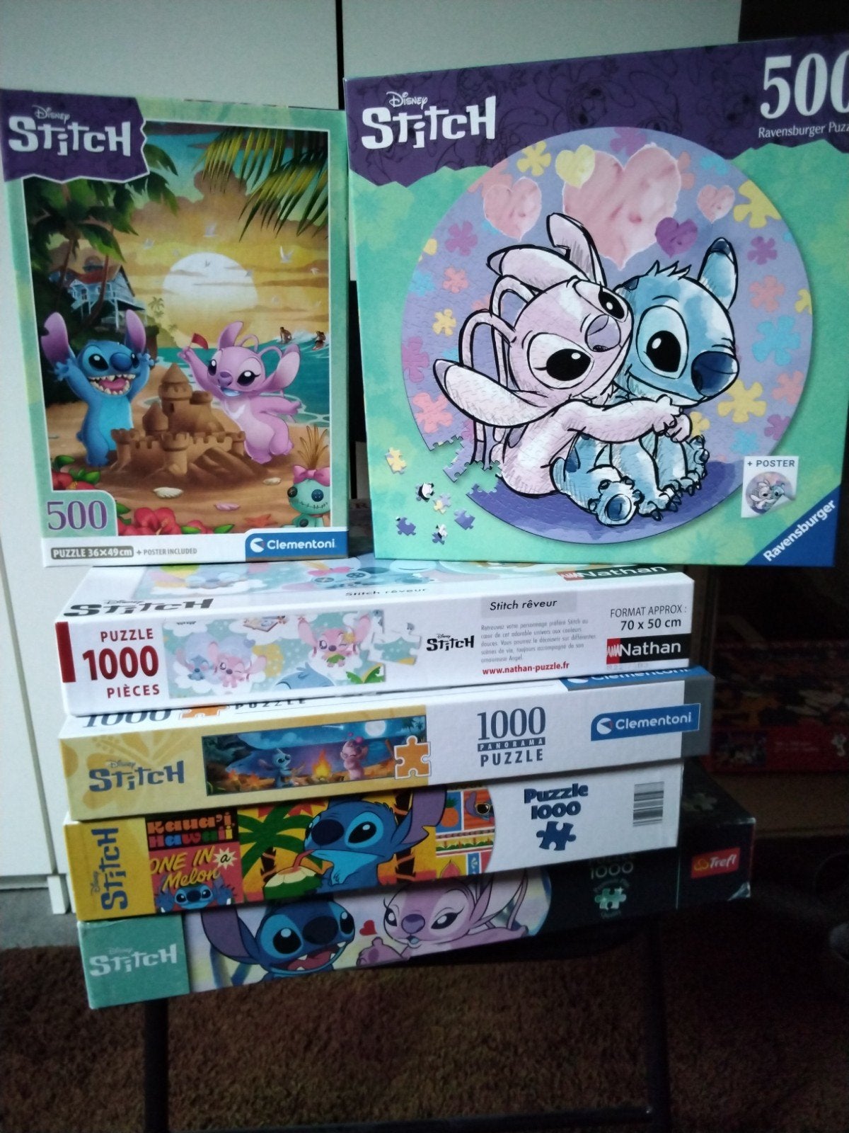6 verschillende Disney Stitch puzzels allemaal compleet, Ophalen of Verzenden, 500 t/m 1500 stukjes