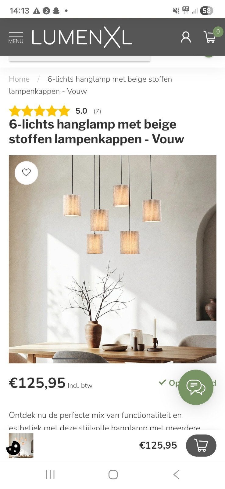 Lumen XL 6-lichts hanglamp met beige stoffen lampenkappen, Huis en Inrichting, Modern, Scandinavisch, Metaal, Zo goed als nieuw