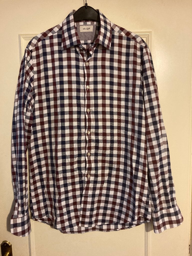 Blauw wit paars geblokt katoenen overhemd van Van Gils, 39, Kleding | Heren, Overhemden, Zo goed als nieuw, Verzenden, Blauw, Van Gils