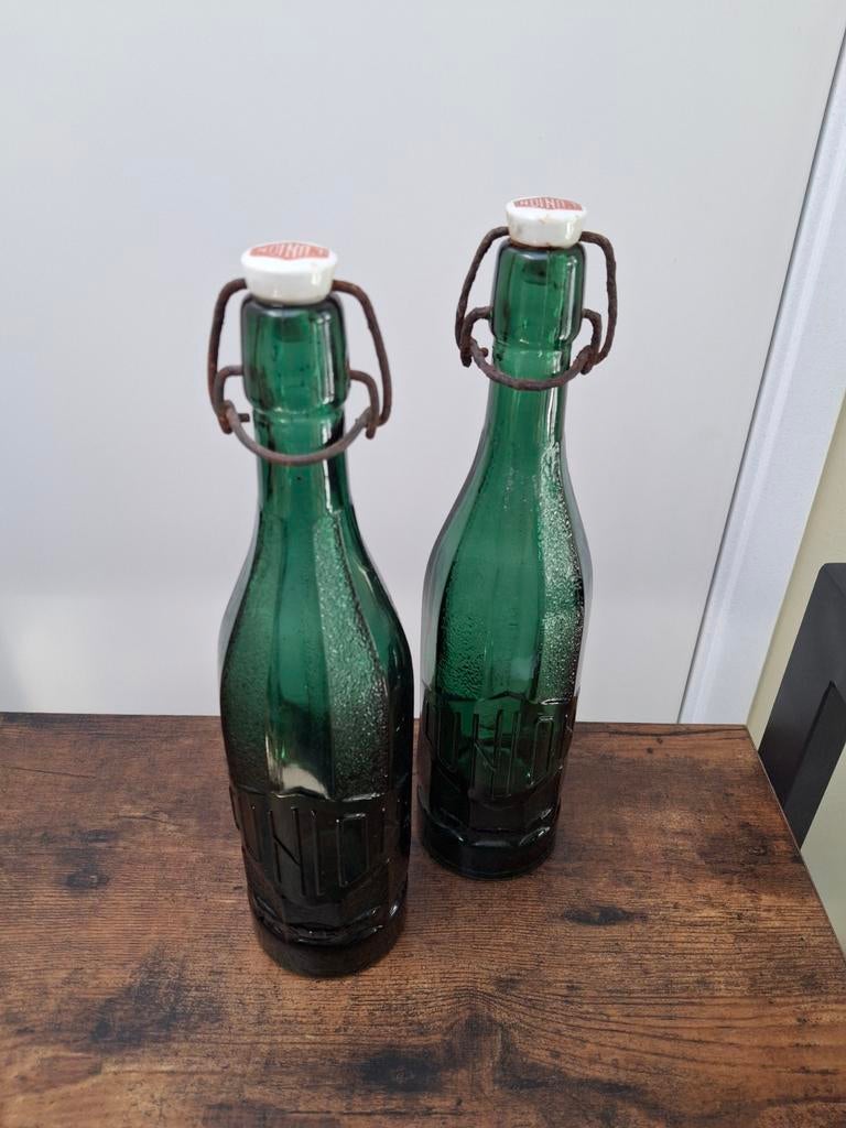 2 Prachtige antieke Franse limonade flessen groen glas, Ophalen of Verzenden