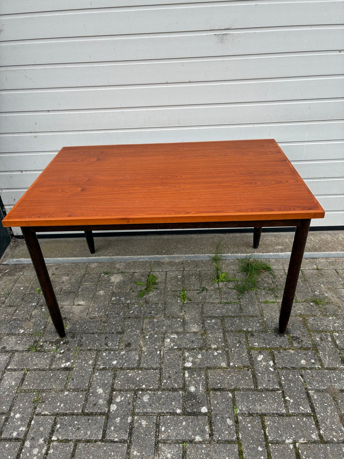 Tafel met mahoniehouten blad en beuken onderstel, Ophalen, Gebruikt, 100 tot 150 cm, 50 tot 100 cm