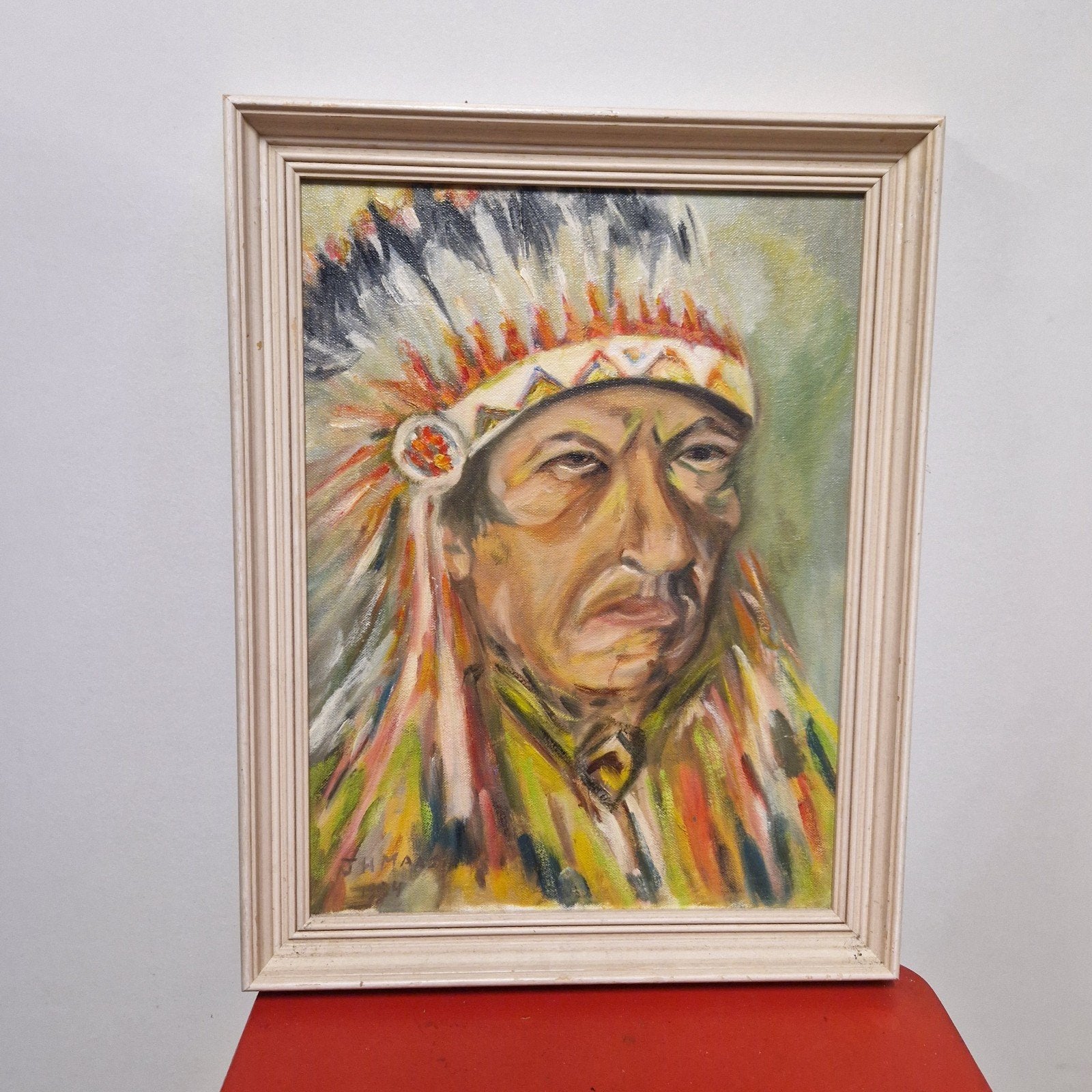 Schilderij Indiaan met hoofdtooi - Gesigneerd, Antiek en Kunst, Ophalen of Verzenden