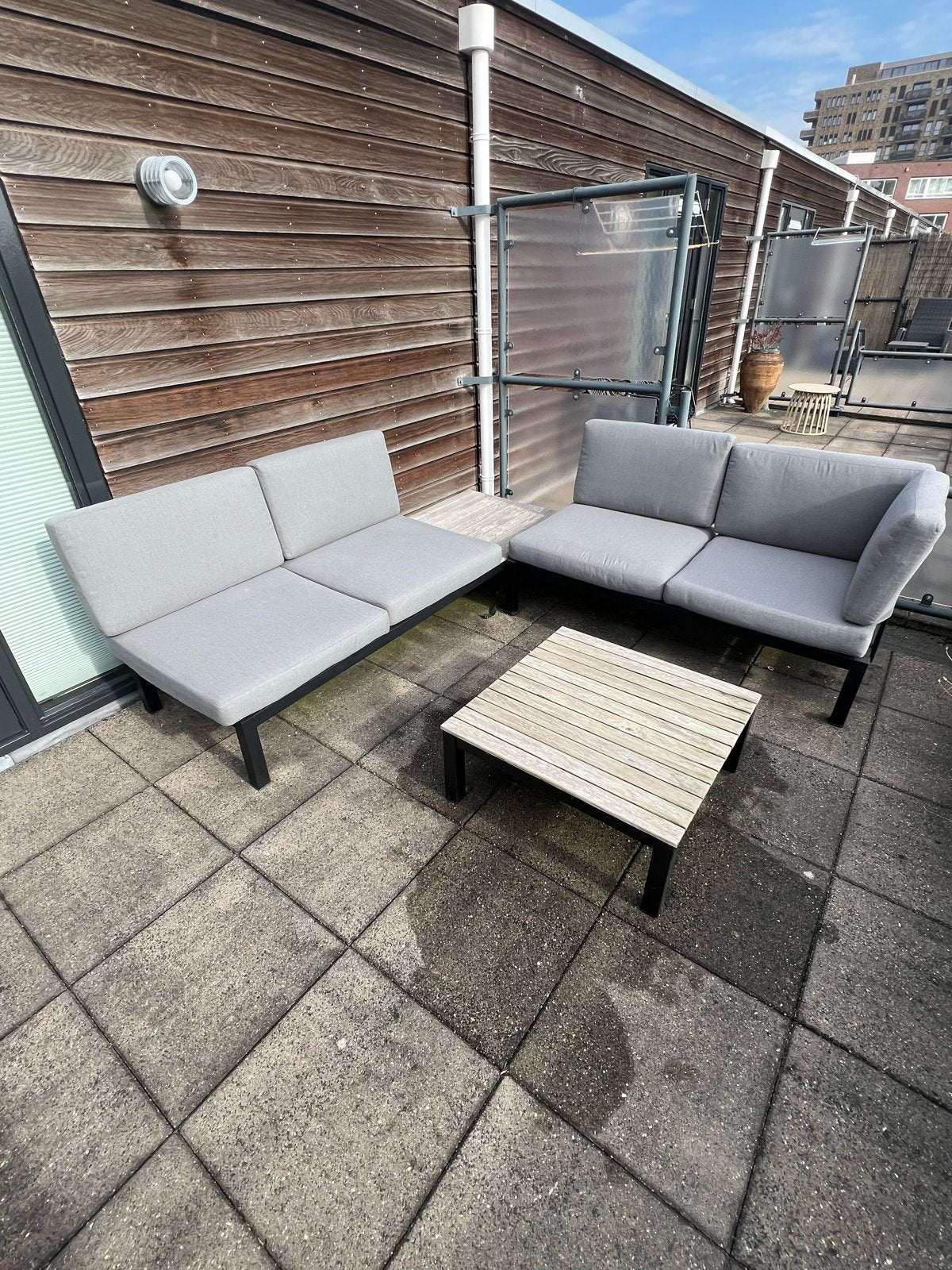 Le Sud Loungeset - Grijs met Houten Bijzettafel, Ophalen, 4 zitplaatsen, Gebruikt, Aluminium