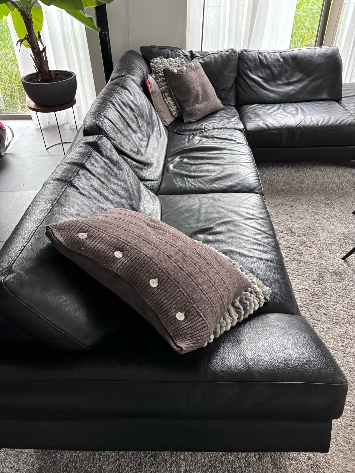 Zwarte lederen Natuzzi hoekbank 310x225, Ophalen, Gebruikt, Leer