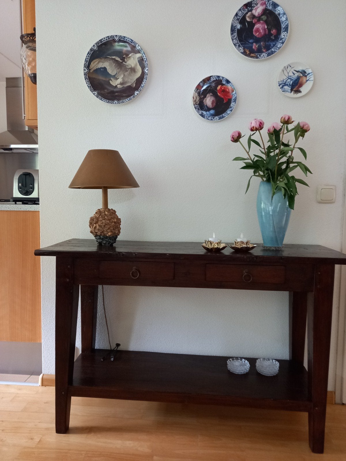 Warm donker koloniaal hout sidetable L120xB40xH77,5, Huis en Inrichting, Tafels | Sidetables, Ophalen, 25 tot 50 cm, Rechthoekig