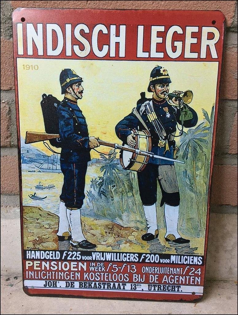 Nederlands Indie Leger KNIL Metalen Wervings Bord poster, Verzamelen, Verzenden, Landmacht, Nederland, Foto of Poster